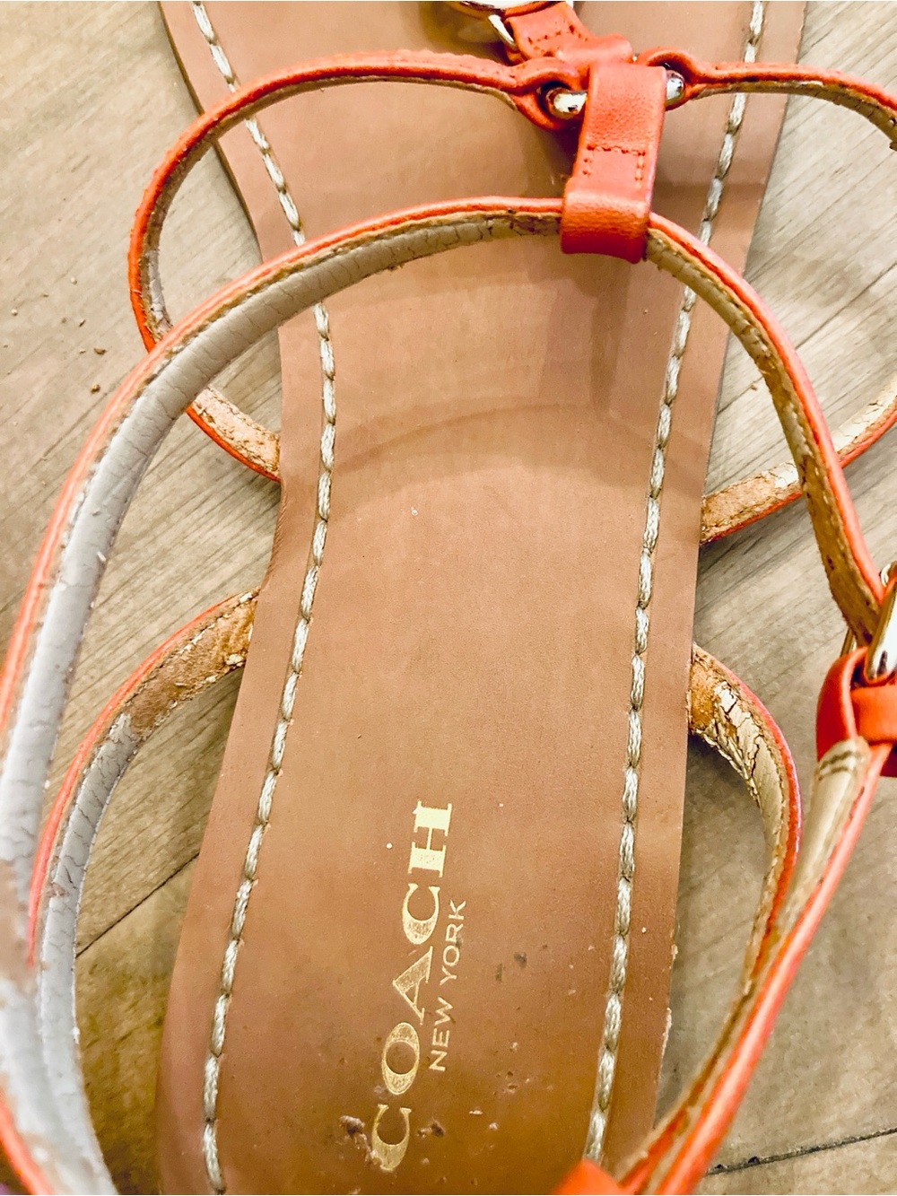 Coach Cicily T-Strap Orange Leather Sandals with Gold Accent - Picture 7 of 7